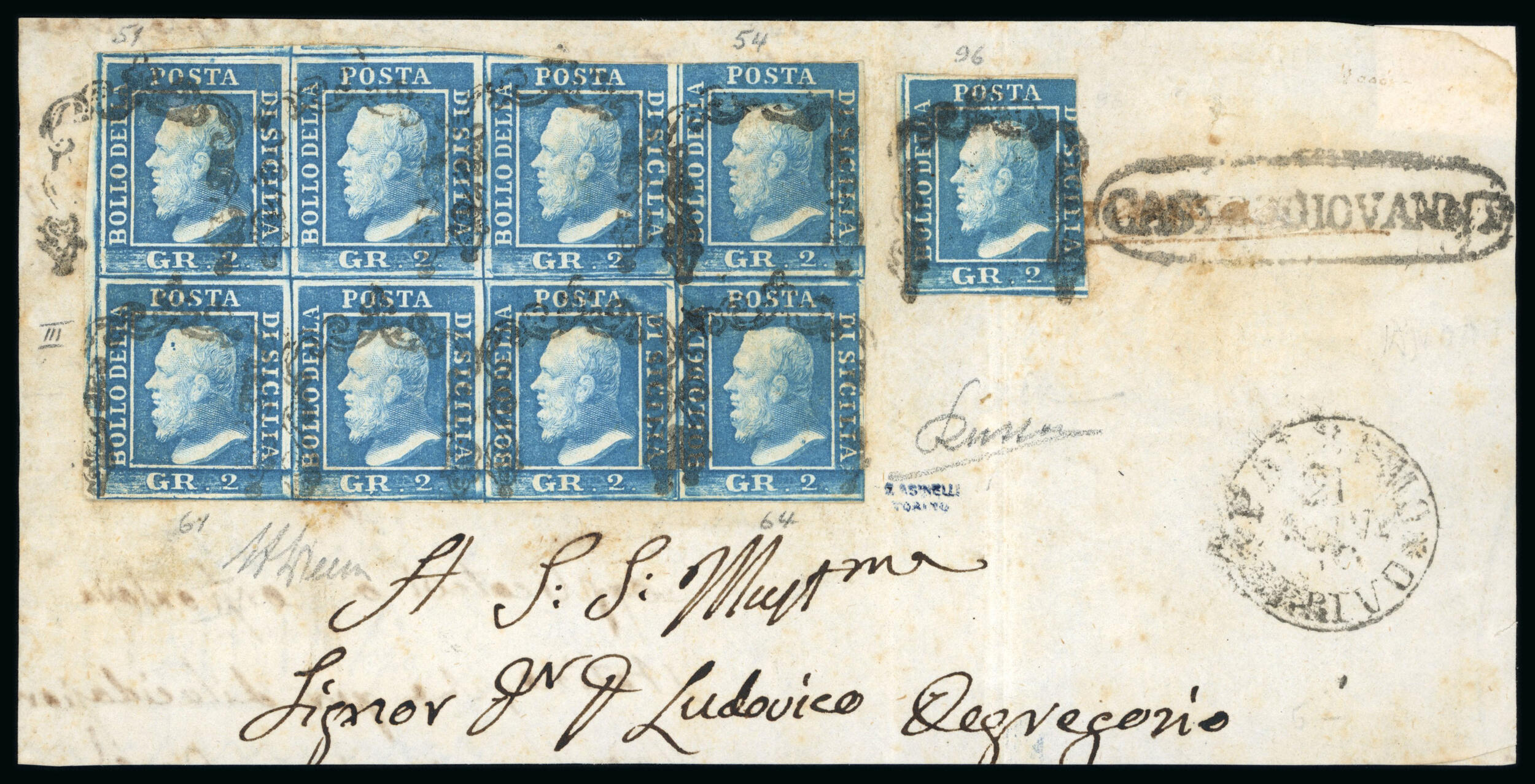 1859 2 Gr. Plate III, blue (azzurro), used on large part cover front ...