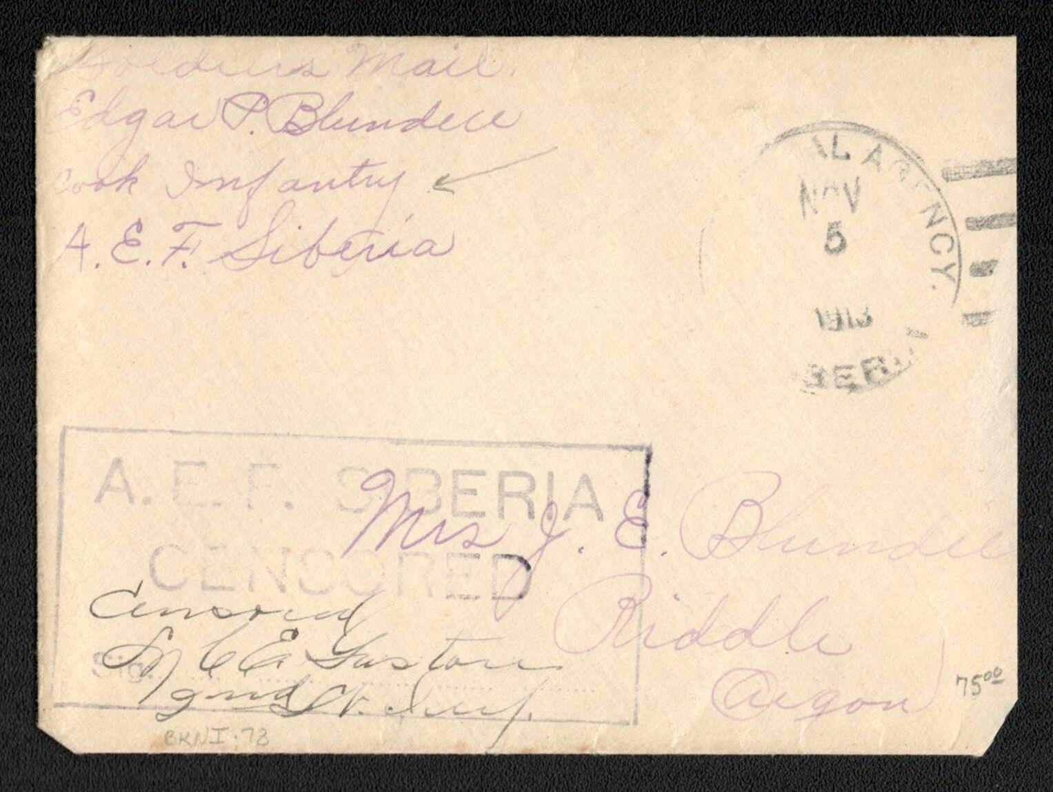 1918 FOREIGN FORCES IN RUSSIA. Military mail sent 05.11.1918 by an ...