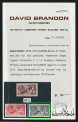 1918 10s Great Britain, Specimen, Certificate, Type 31. MNH, Corner ...