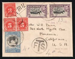 1949 (Nov. 30) Ceylon: Underpaid Airmail cover to USA franked with ...