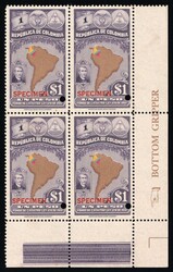 1941 1p Republic of Colombia, Revenue, Block of Four, Specimen, ...