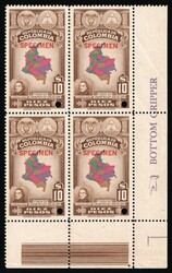 1941 10p Republic of Colombia, Revenue, Block of Four, Specimen, ...