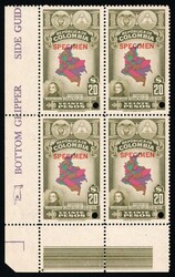 1941 20p Republic of Colombia, Revenue, Block of Four, Specimen, ...