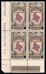 1941 50p Republic of Colombia, Revenue, Block of Four, Specimen, ...