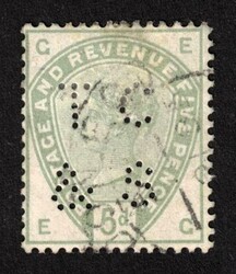 1884 5p Great Britain, Perfin. Used, Few lightly toned perforation ...
