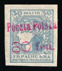 1919 30fen on 30sh Kowel Local Issue, Polish Occupation of Ukraine, ...