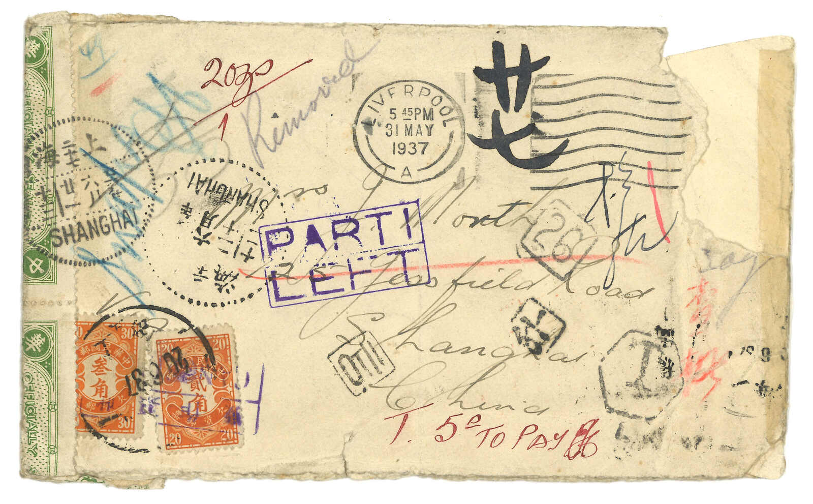 1937 England (31 May) to Shanghai. Top right corner damaged with ...