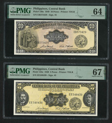 1949 Central Bank of Philippines 5 pesos and 10 pesos (P-135e, 136e). ...