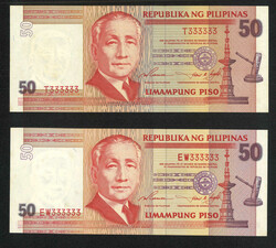 1993 Republic of the Philippines 50 piso x2, both with solid 3 serial ...