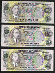1949 Bangko Sentral ng Pilipinas 100 piso x3, with fancy serial nos ...