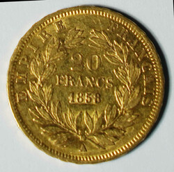 1858 France Napoleon III gold 20 Francs (KM781.2). Strasbourg mint. ...