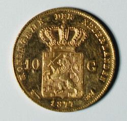 1877 Netherlands Willem III 10 gold gulden (KM106). 22.5mm, 6.729g. ...