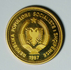 1987 Albania "Seaport of Durazzo" gold 100 Leke (KM59). Hungarian ...
