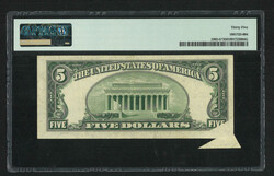 1950B USA Federal Reserve Note Chicago $5. Butterfly fold error. ...