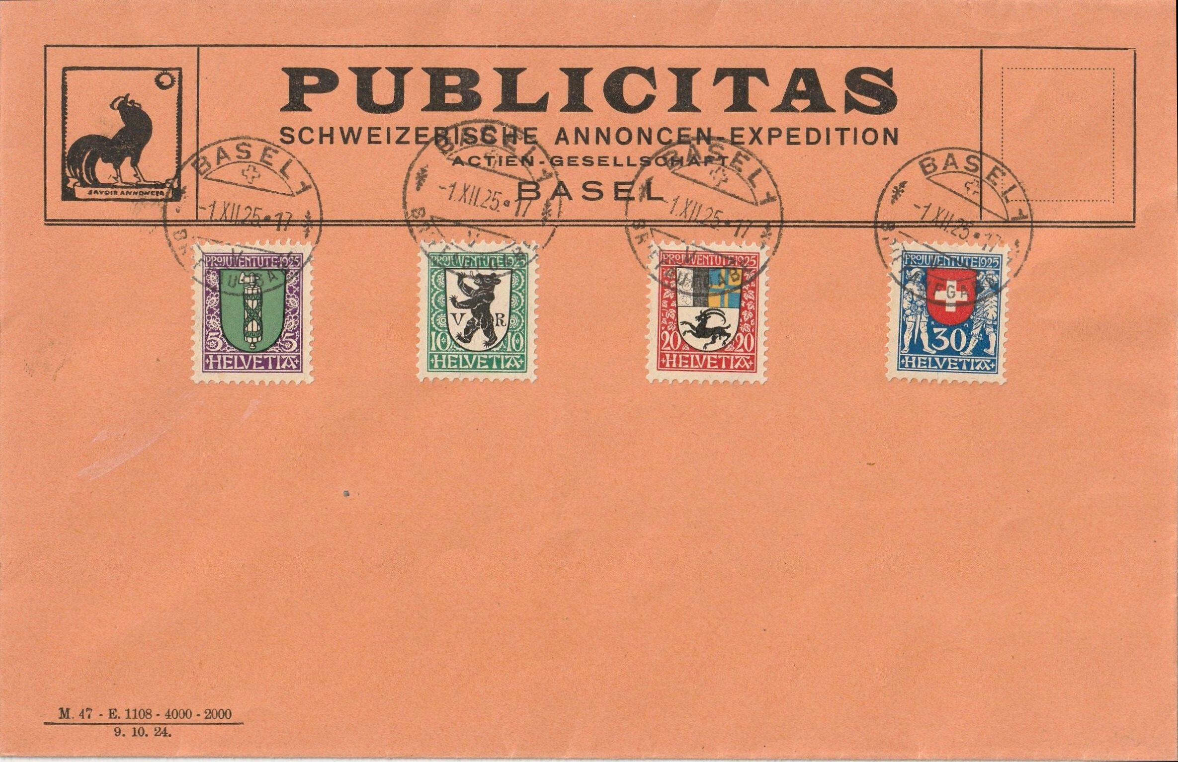FDC 1925 ohne Adresse, Firmenbrief von BASEL 1, 1.XII.25 Kat. Wert: ...