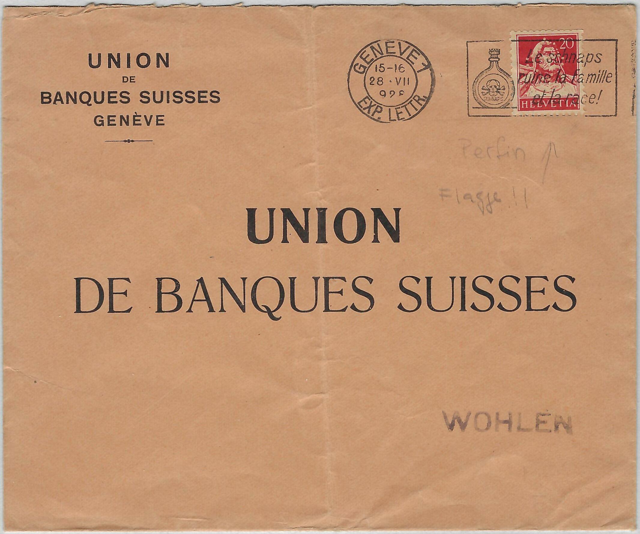 Rollenmarke aus POKO-Gerät mit Perfin der UBS Genève auf Brief mit ...