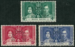 1937 Coronation set of 3. Specimen perfin. Mint OG. Fine and scarce