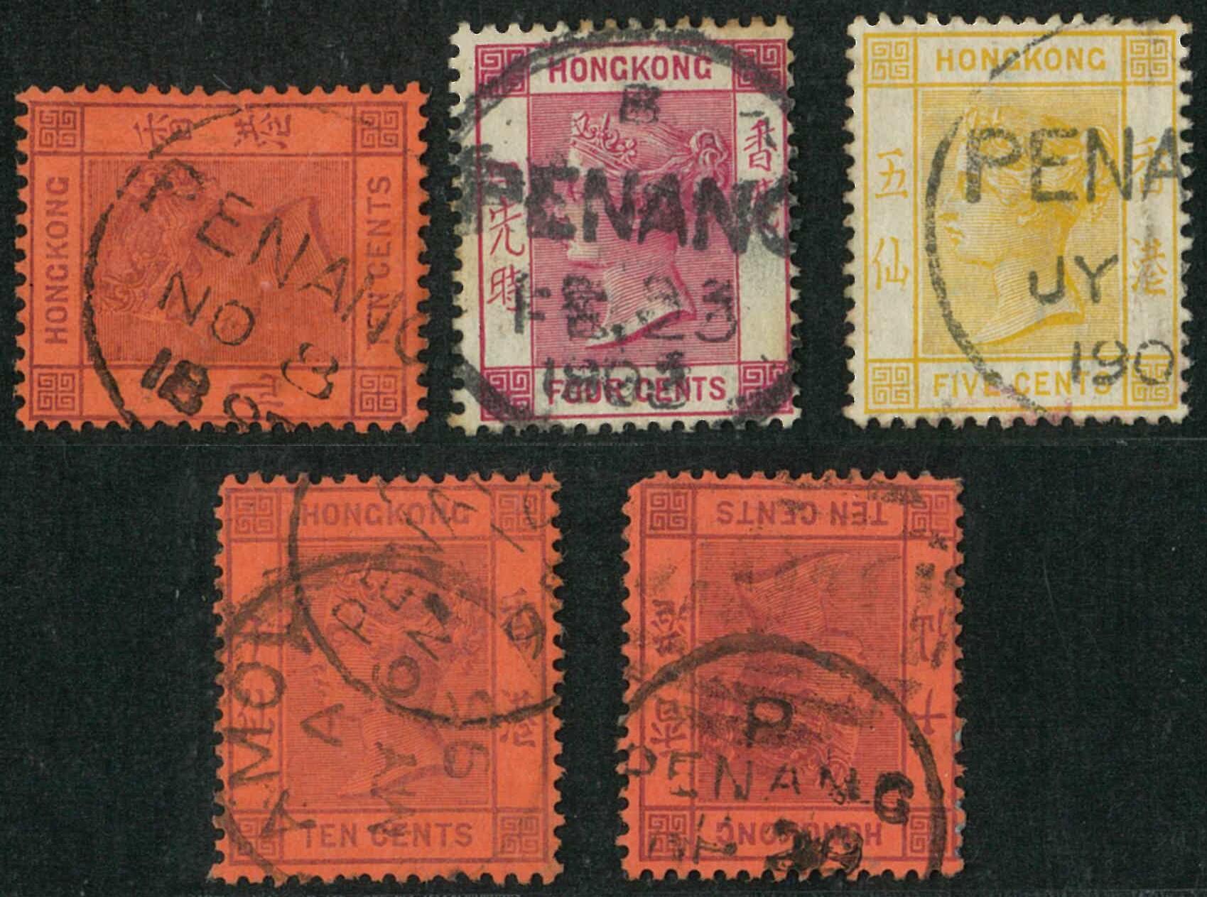 Group of 5 QV all tied by Penang straight line cds. F-VF