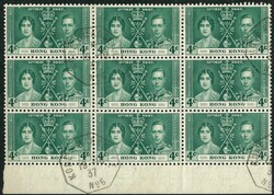 1937 Coronation 4c block of 9 tied by Kobe A Marseille No 6 marking. ...