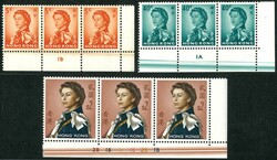 1962 QEII 5c 40c & $2 corner plate strip of 3, all showing printing ...