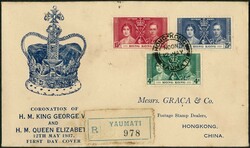 1937 coronation set of 3 on Graca Co FDC tied by Yaumati cds with ...