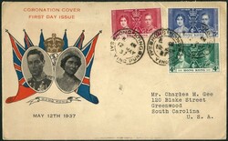 1937 Coronation set of 3 on FDC, tied by Sai Ying Pun branch cds. ...