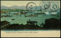 2-Sep-1907 HK Postcard showing War ship in harbour, franked KE 2c ...