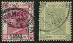 1882 QV 2c and 1891 QV 30c tied by Japan Yokohama Meiji cds. F-VF