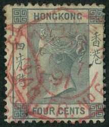 1863 QV 4c CC wmk tied by Ligne N marking in red, stamp thin on back. ...