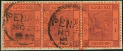1891 QV 10c strip of 3 on piece tied by Penang straight line cds. VF