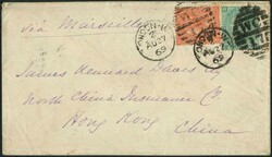 27-Aug-1869 incoming cover from UK franked QV 4d and 1/- tied by ...