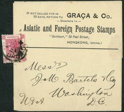 1898 Grace Co wrapper post to USA franked QV 2c tied by Hong Kong cds ...