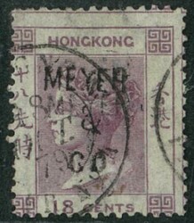 Hong Kong 1863 QV 18c CC wmk tied by Ligne N cds (18-Oct-1879), VF ...