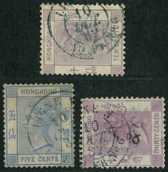 Hong Kong 1880-82 QV 5c and 10c x2 tied by Ligne N cds in blue. F-VF