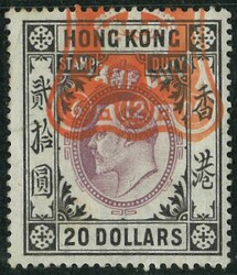 Hong Kong 1903 KE $20. VFU with red seal chop. Scarce