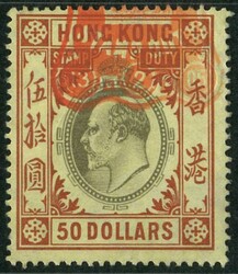 Hong Kong 1903 KE $50. VFU with red seal chop. Scarce