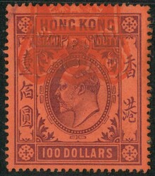 Hong Kong 1903 KE $100. VFU with red seal chop. Rare