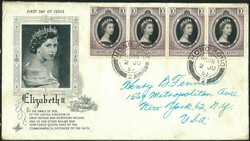 Hong Kong 1953 Coronation unusual design FDC. Franked strip of 4 10c. ...