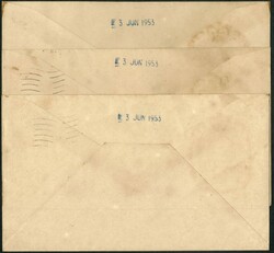 Hong Kong 1953 Coronation FDC x3. Different design. All tied by ...