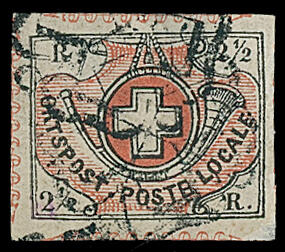 Switzerland: Cantonal Issues: Zurich: 1850 21/2rp. black and red, ...