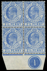 Gibraltar: 1906-11 Colour Changes, 21/2d. ultramarine, lower marginal ...