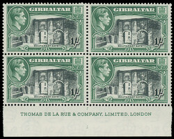 Gibraltar: 1938-51 1s. black and green, perf. 13, De La Rue imprint ...