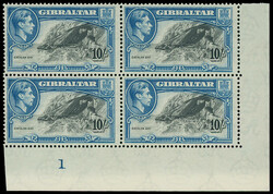 Gibraltar: 1938-51 10s. black and blue, perf. 14, corner marginal ...