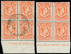Gibraltar: 1938-51 £1 orange, perf. 131/2 x 14, lower marginal ...