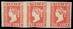 India: 1854-55 Die II 1a. dull red, unused horizontal strip of three, ...
