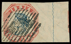 India: 1854 4a. blue and red Head Die II and Frame Die I right ...