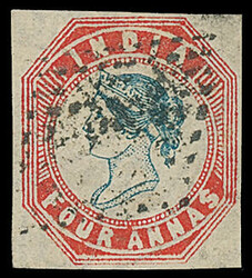 India: 1854 4a. blue and red Head Die III and Frame Die II, four ...