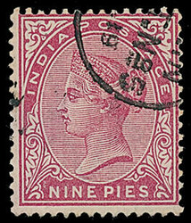 India: 1882-90 9p. aniline carmine watermark inverted variety, fine ...