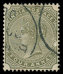 India: 1882-90 4a. olive-green watermark inverted variety, used, tiny ...