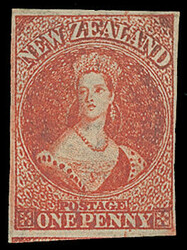 New Zealand: 1862-64 1d. carmine-vermilion, four margins, large part ...